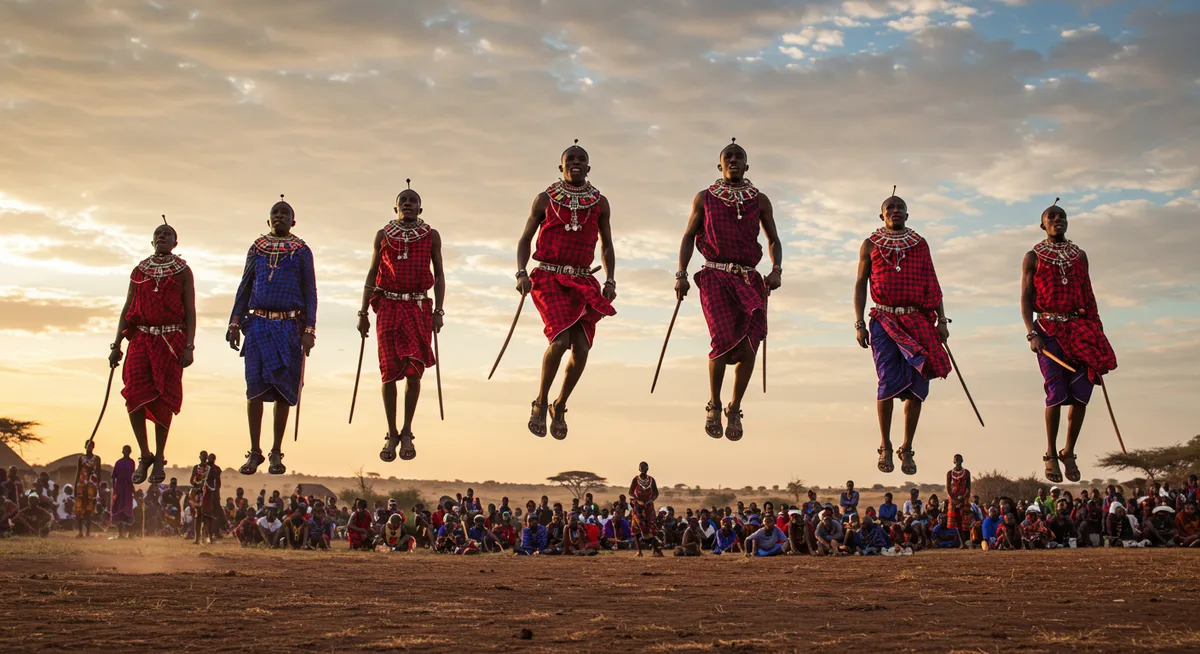 Maasai warriors performing traditional jumping dance during cultural ceremony