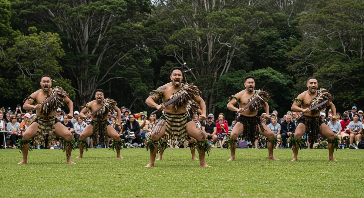 Māori cultural performers in traditional dress during New Zealand ceremony