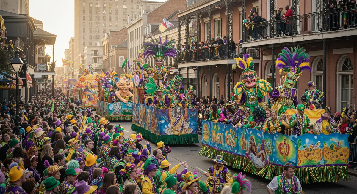 New Orleans Mardi Gras celebration with colorful floats and costumes