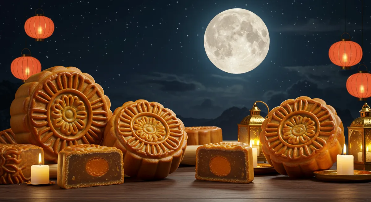 Traditional mooncakes with elaborate designs and lanterns under a full moon
