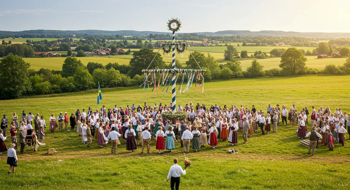 Summer solstice celebration in Sweden with traditional maypole dancing