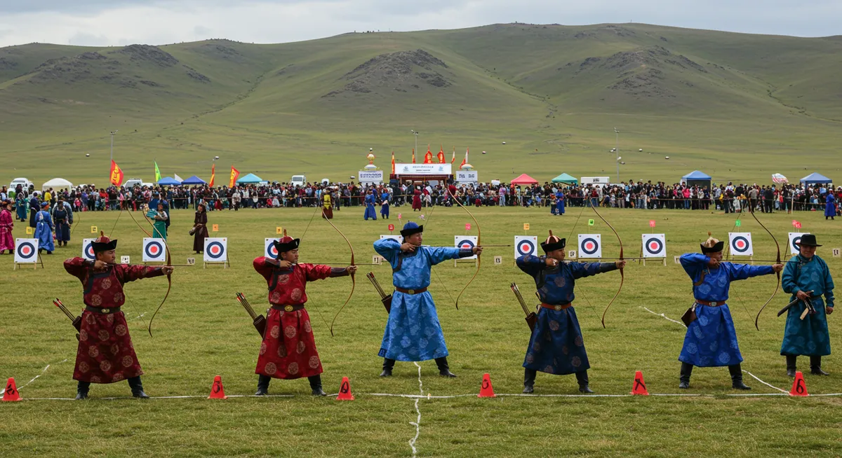 Traditional Mongolian archers in ceremonial clothing taking aim at targets during the Naadam archery competition