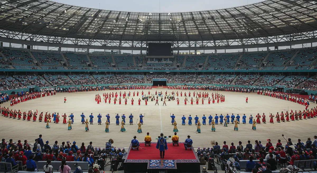 Opening ceremony of the Naadam Festival with traditional costumes, flags, and performers in the National Stadium