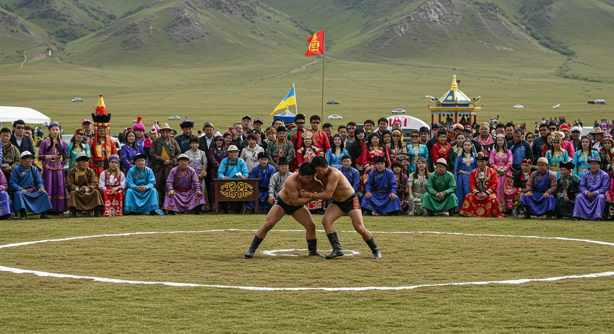 Traditional Mongolian wrestlers competing during Naadam Festival with colorful judges and spectators