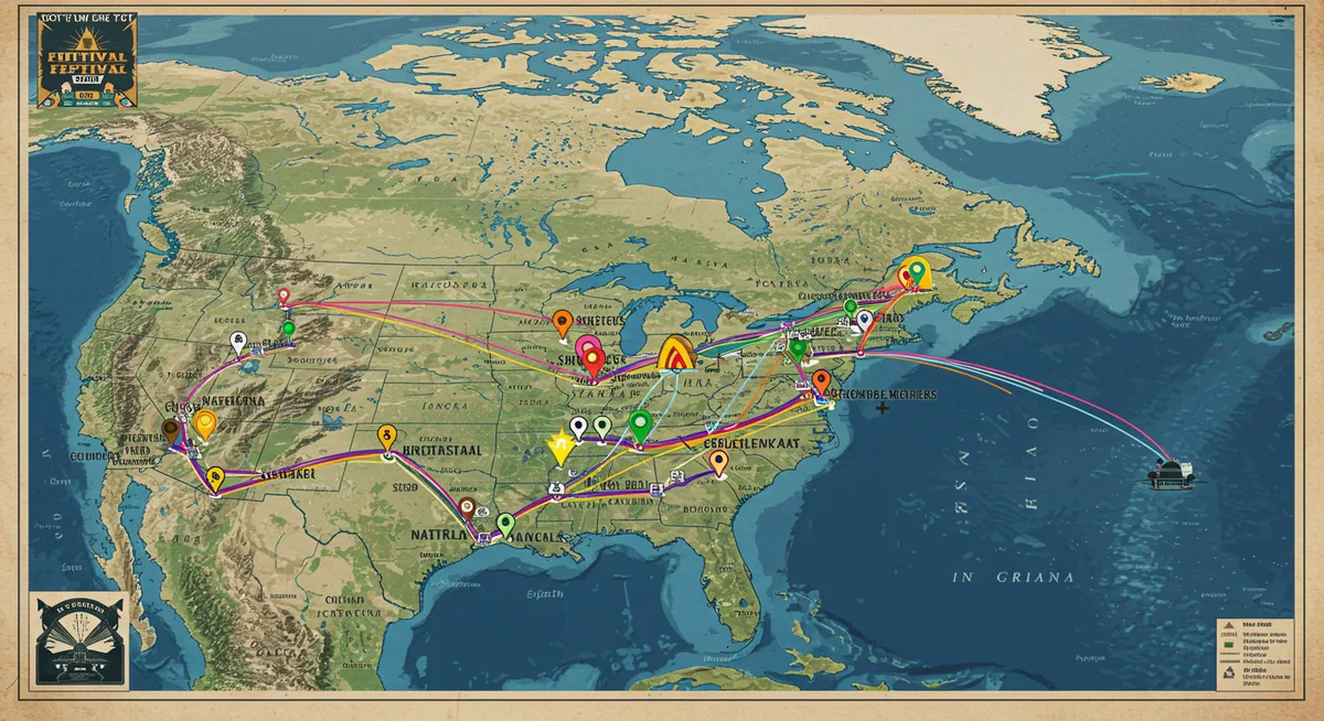 Map highlighting major North American festival regions and routes