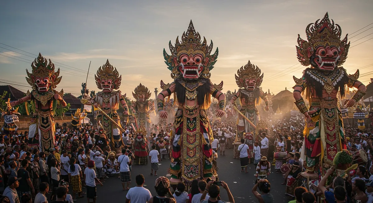 Colorful ogoh-ogoh demon effigies paraded through the streets of Bali on the eve of Nyepi