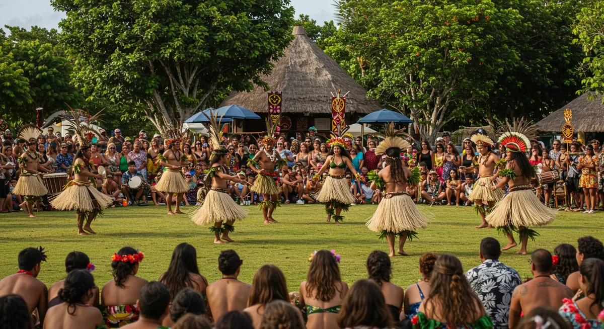 Pacific Island cultural celebration with traditional dancers in ceremonial costumes