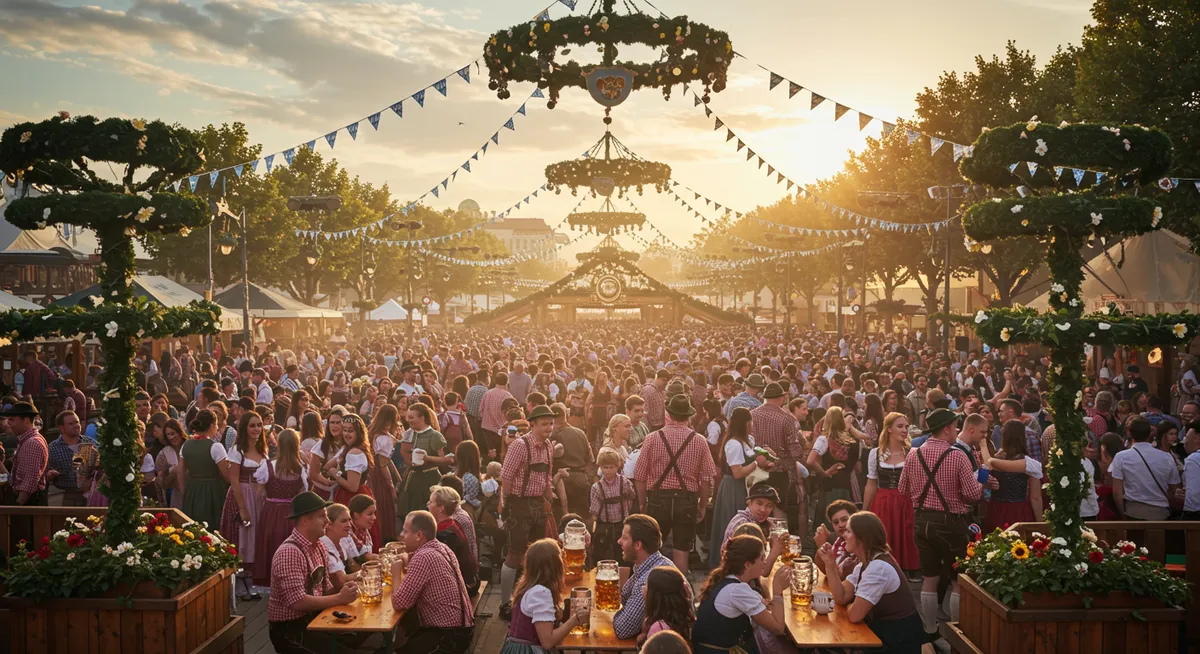 Traditional Oktoberfest celebration in Munich with people in Bavarian costumes