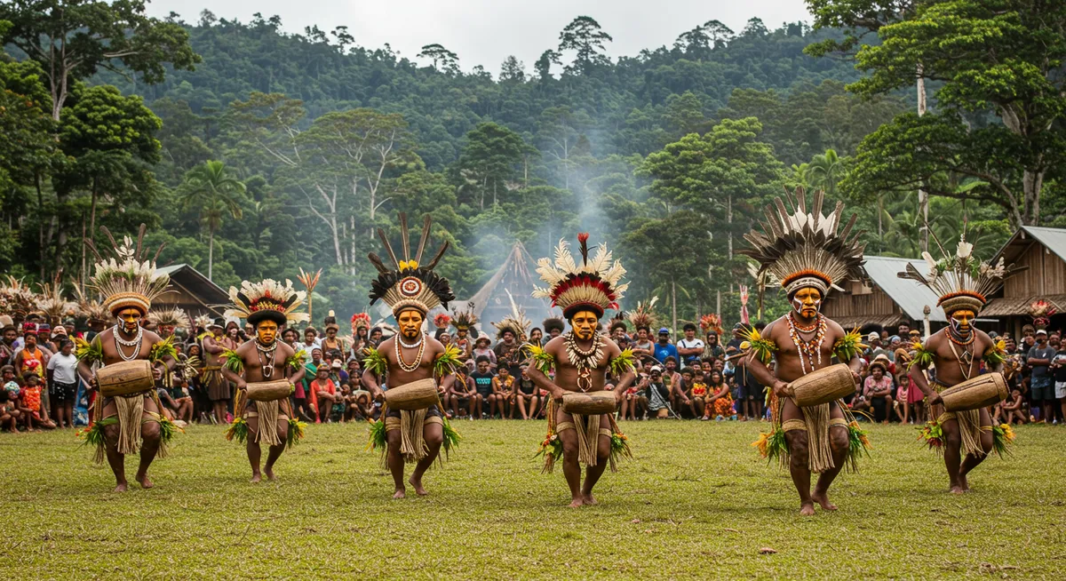 Colorful traditional dancers from Papua New Guinea during a sing-sing celebration