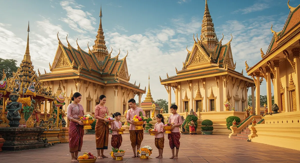Cambodian family in traditional clothing making temple offerings during Pchum Ben