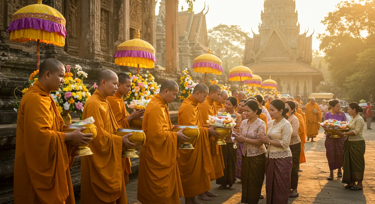 Cambodian Buddhist monks receiving offerings from devotees during Pchum Ben ceremonies
