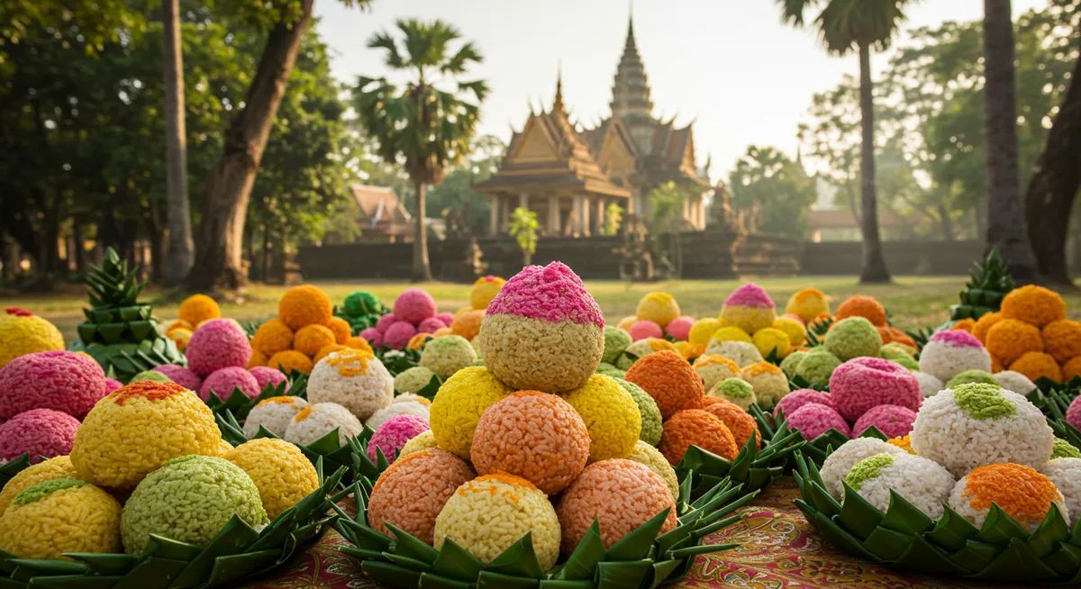 Traditional rice balls (bay ben) prepared as offerings during Pchum Ben ceremonies
