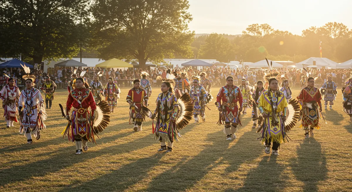 Native American powwow with traditional dancers in elaborate regalia