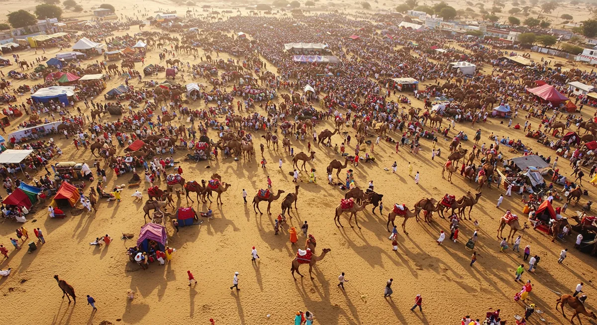 Aerial view of thousands of camels and traders gathered on the desert sands during Pushkar Camel Fair