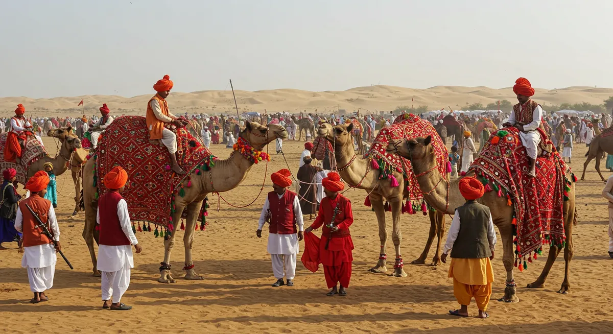 Traditionally dressed Rajasthani camel traders with elaborately decorated camels