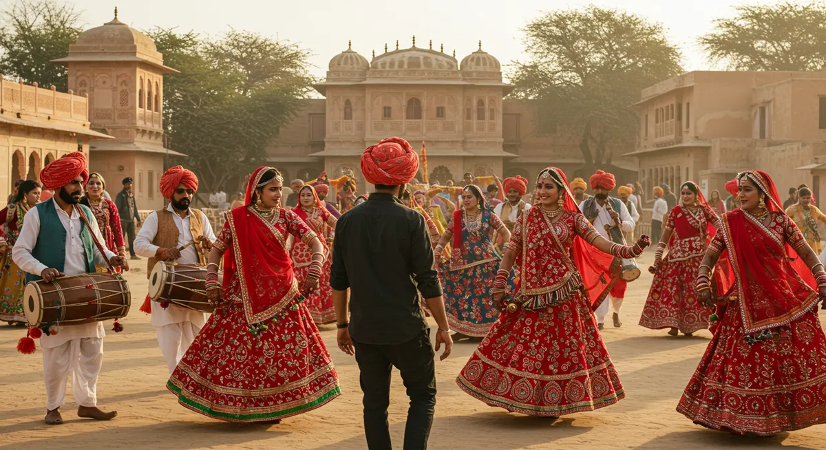 Colorfully dressed Rajasthani folk dancers performing traditional dances with musicians