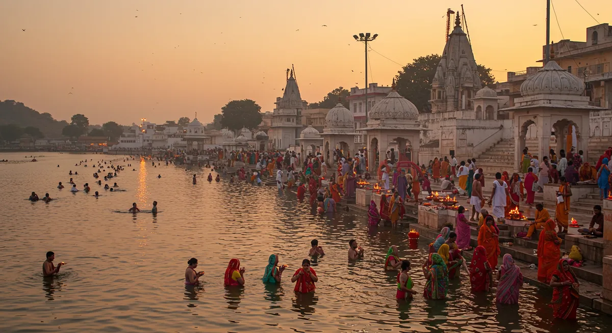 Hindu pilgrims performing ritual bathing in Pushkar Lake during Kartik Purnima