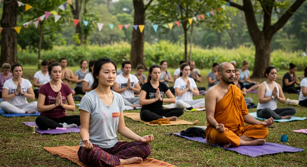 Meditation retreat participants learning traditional mindfulness practices