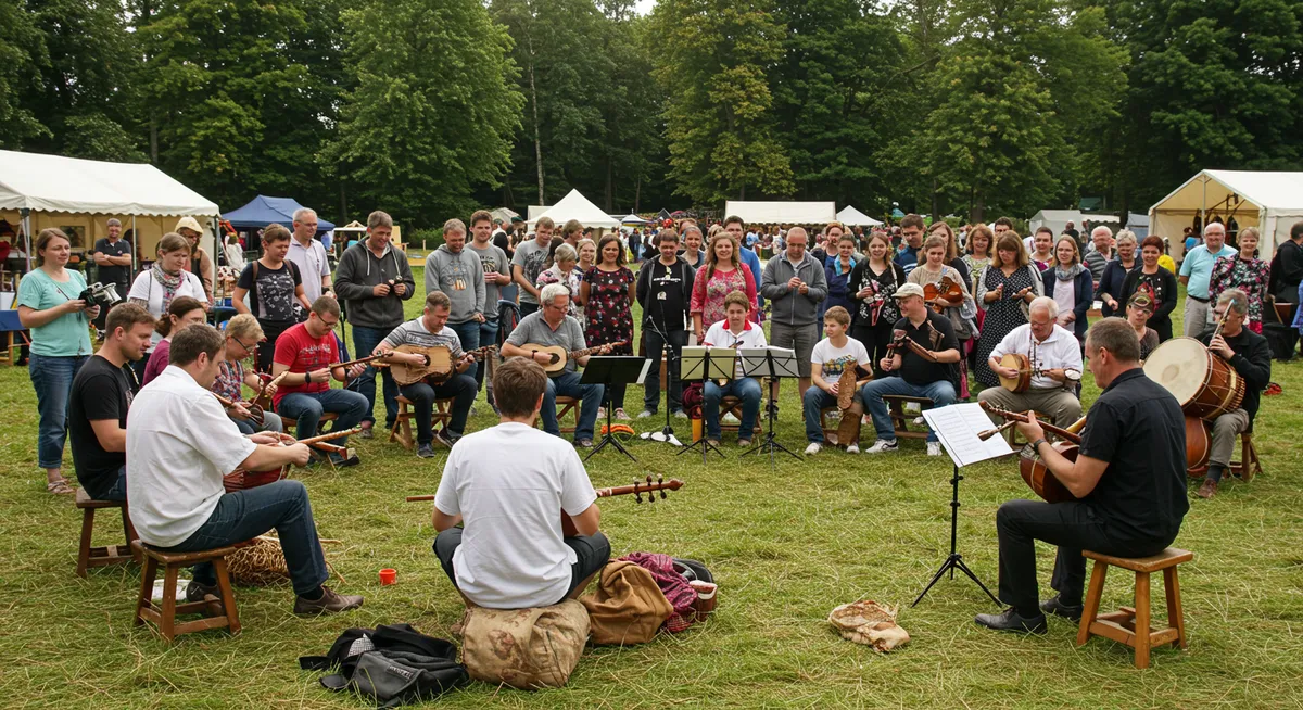 Festival attendees participating in a hands-on traditional music workshop with local and international musicians