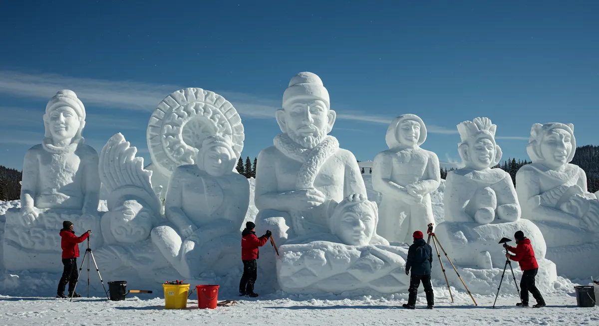 Artists working on detailed snow sculptures using specialized tools