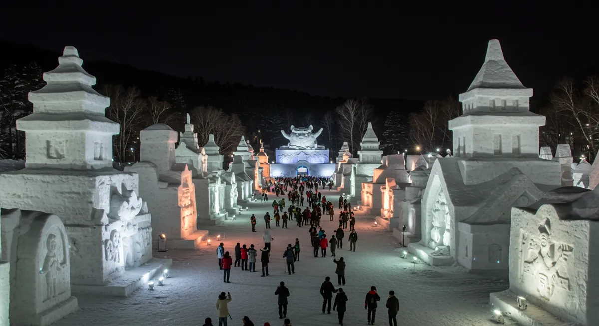Massive illuminated snow sculptures at night during the Sapporo Snow Festival