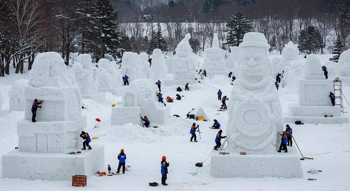 International teams competing in the snow sculpture contest at Odori Park