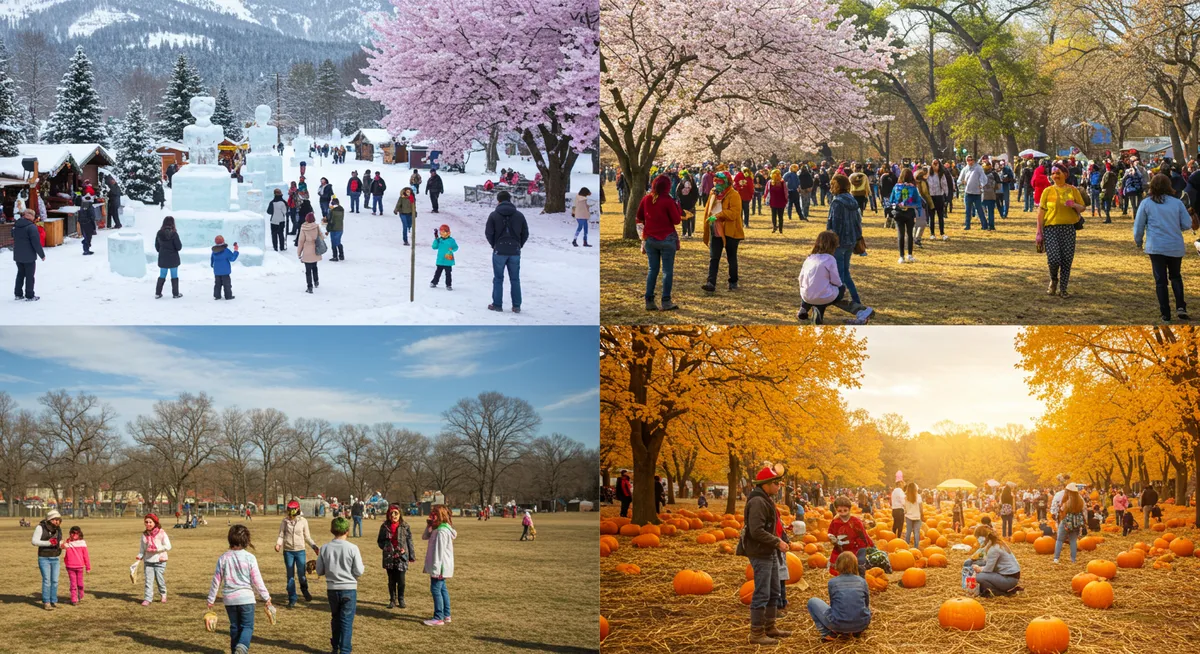 Collage of seasonal festivals showing winter, spring, summer, and autumn celebrations