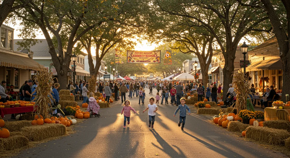 Small-town harvest or seasonal festival with traditional activities