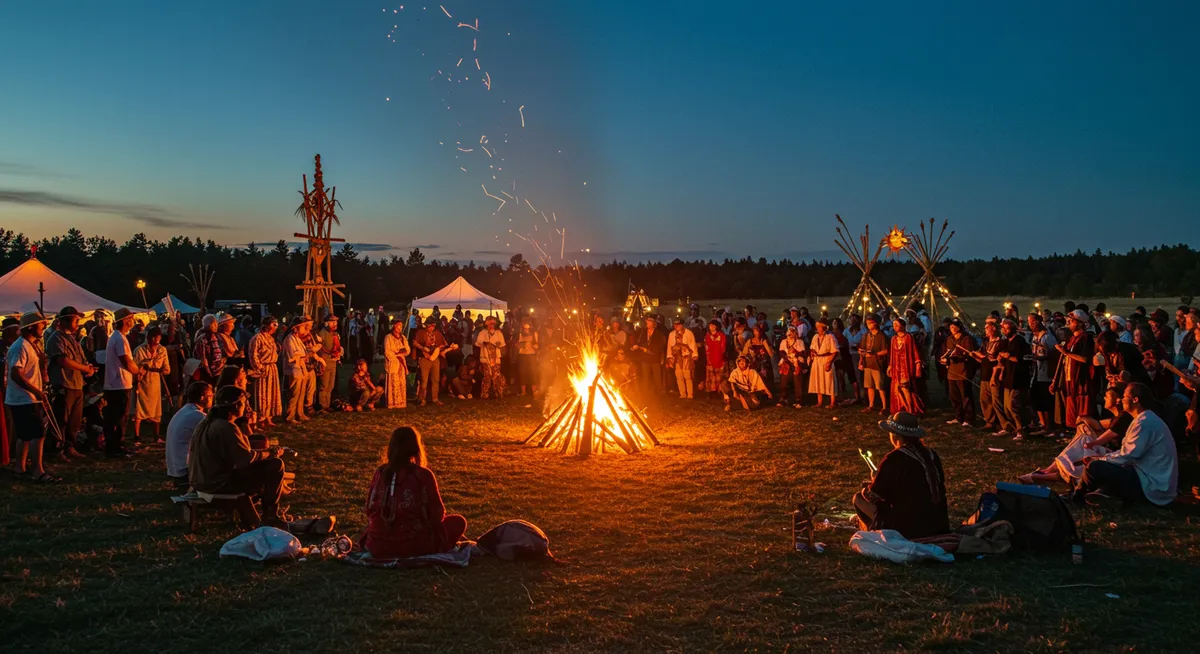 Seasonal solstice ceremony with traditional fire rituals and community gathering