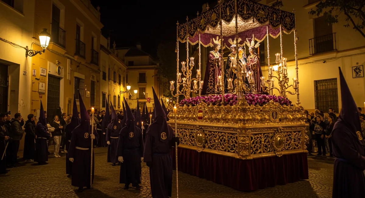 Nighttime Semana Santa procession in Seville with hooded penitents carrying candles and ornate float