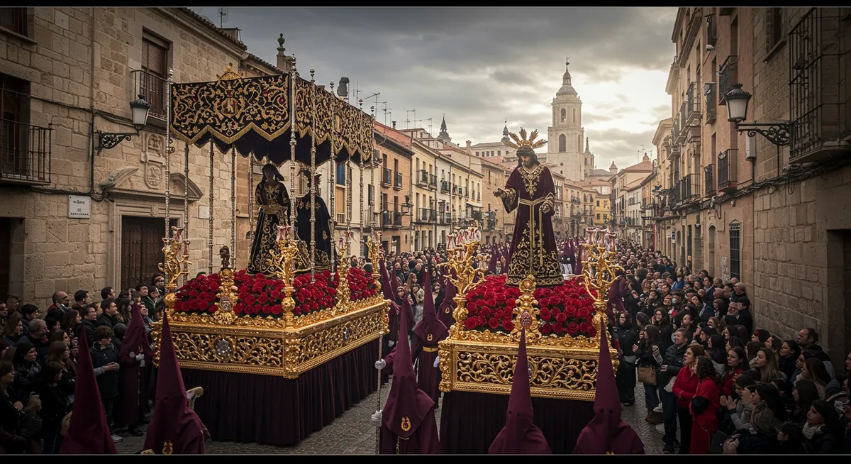 Semana Santa procession in Valladolid with austere sculptures and solemn atmosphere