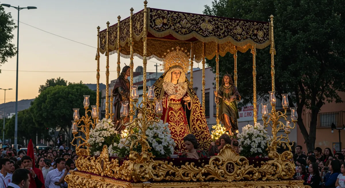 Ornate Semana Santa float (paso) depicting the Virgin Mary in mourning with elaborate gold canopy
