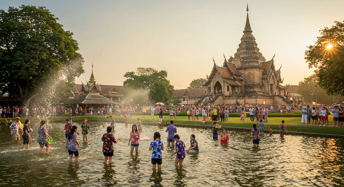 Songkran celebration in Chiang Mai with people splashing water around the city moat