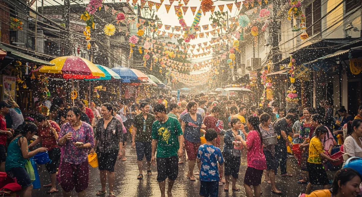 People celebrating Songkran water festival in Thailand