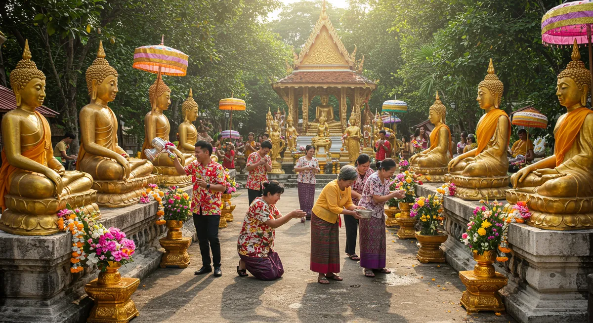 Traditional Songkran ceremony with people pouring water over Buddha statues and elders' hands