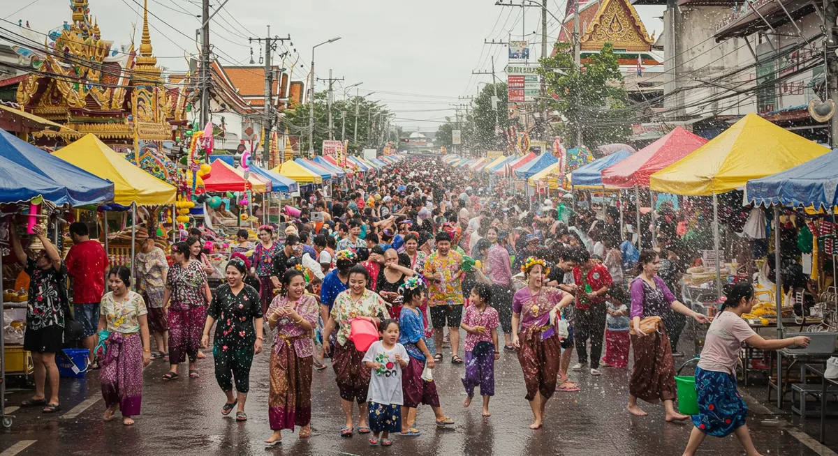 People celebrating Songkran water festival in the streets of Thailand, splashing water