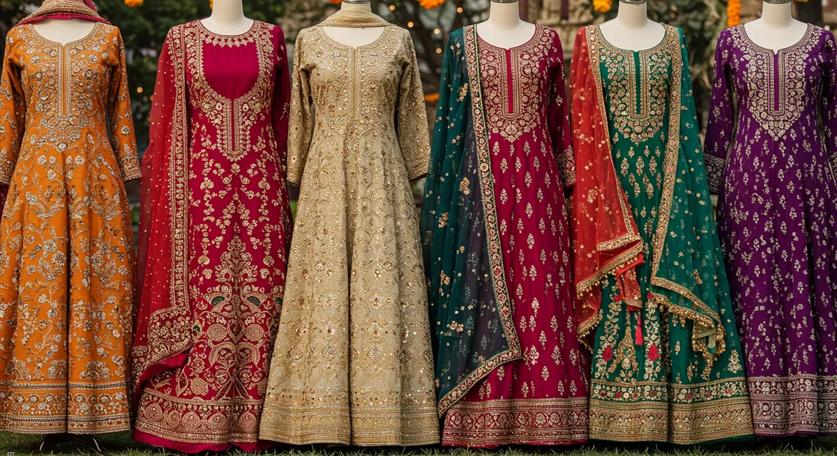 Collection of South Asian traditional garments showing detailed embroidery and textile art
