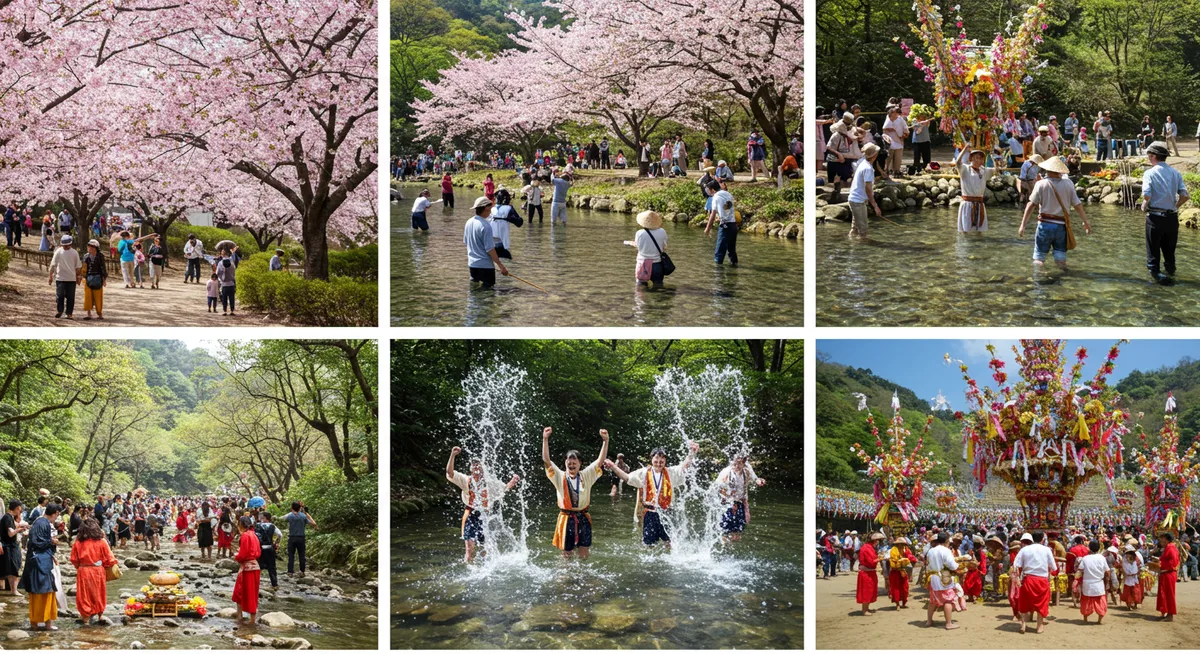 Collage of spring festivals showing cherry blossoms, water celebrations, and renewal rituals