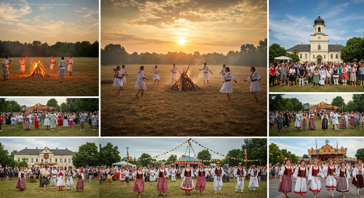Collage of summer festivals showing solstice celebrations, outdoor gatherings, and traditional events