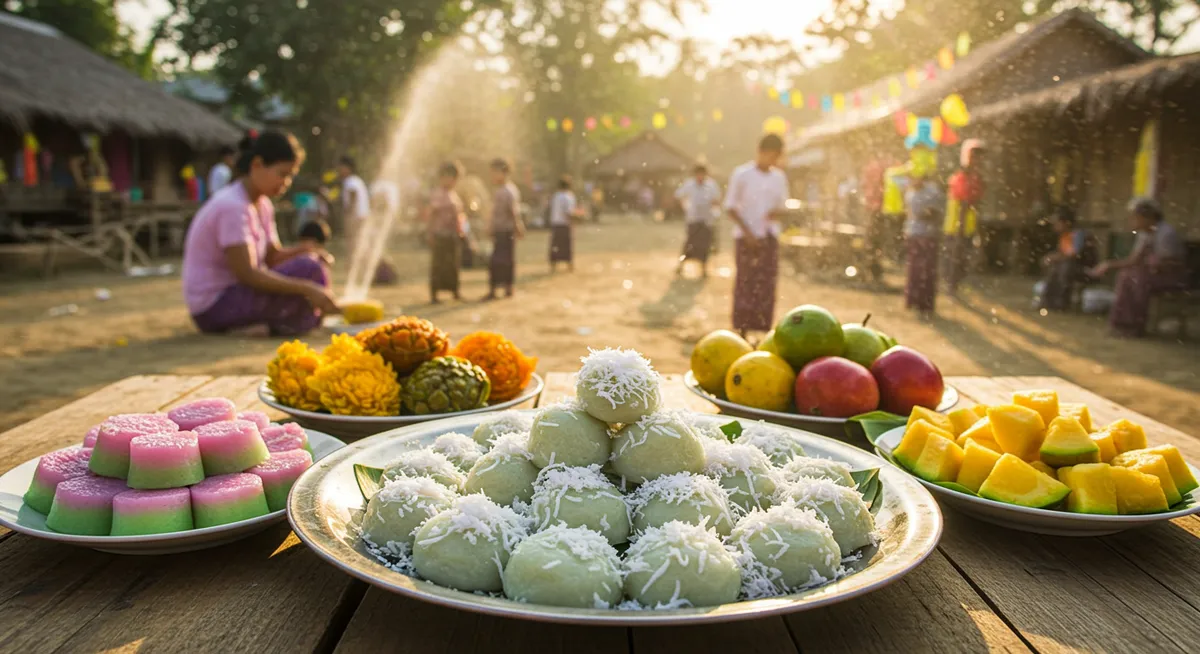 Traditional Thingyan foods including Mont Lone Yay Paw rice dumplings with grated coconut
