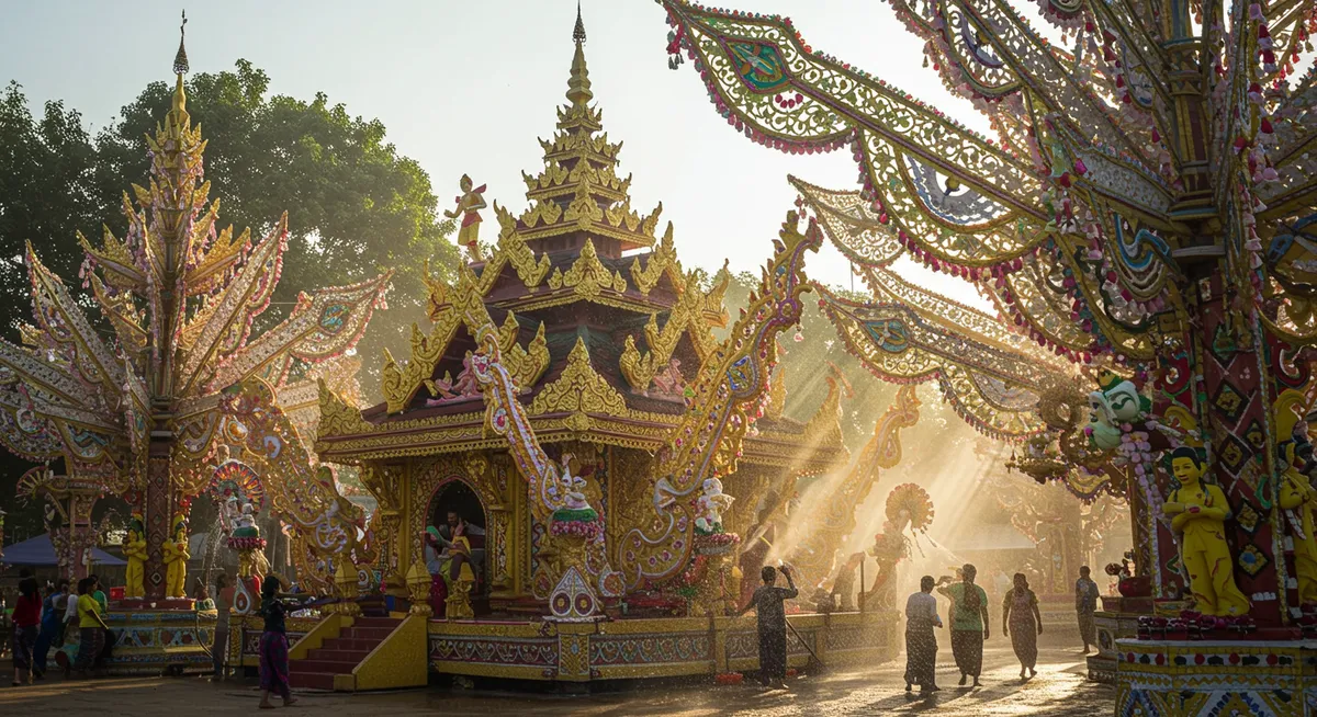 Elaborate Thingyan pandal (water-throwing station) with traditional decorations and water spraying equipment