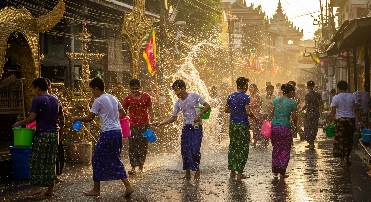 Young people enthusiastically splashing water during Thingyan celebrations on a Myanmar street