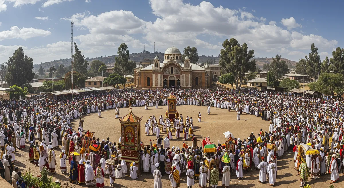 Ethiopian Timkat celebration with colorful processions and traditional costumes