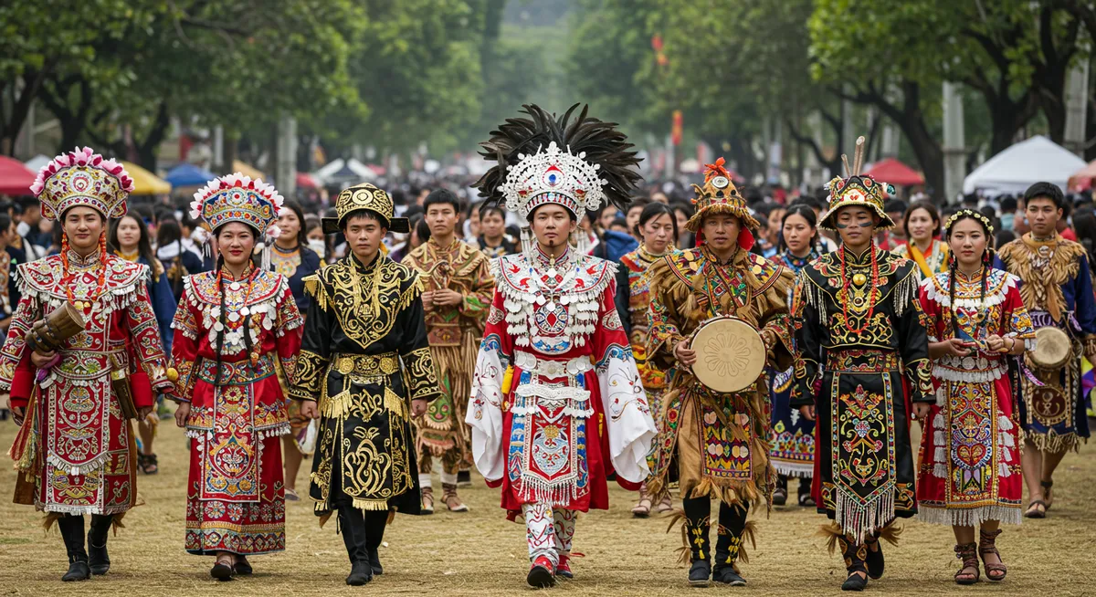 Traditional costumes from various cultures displayed during a cultural festival with wearers in full ceremonial dress