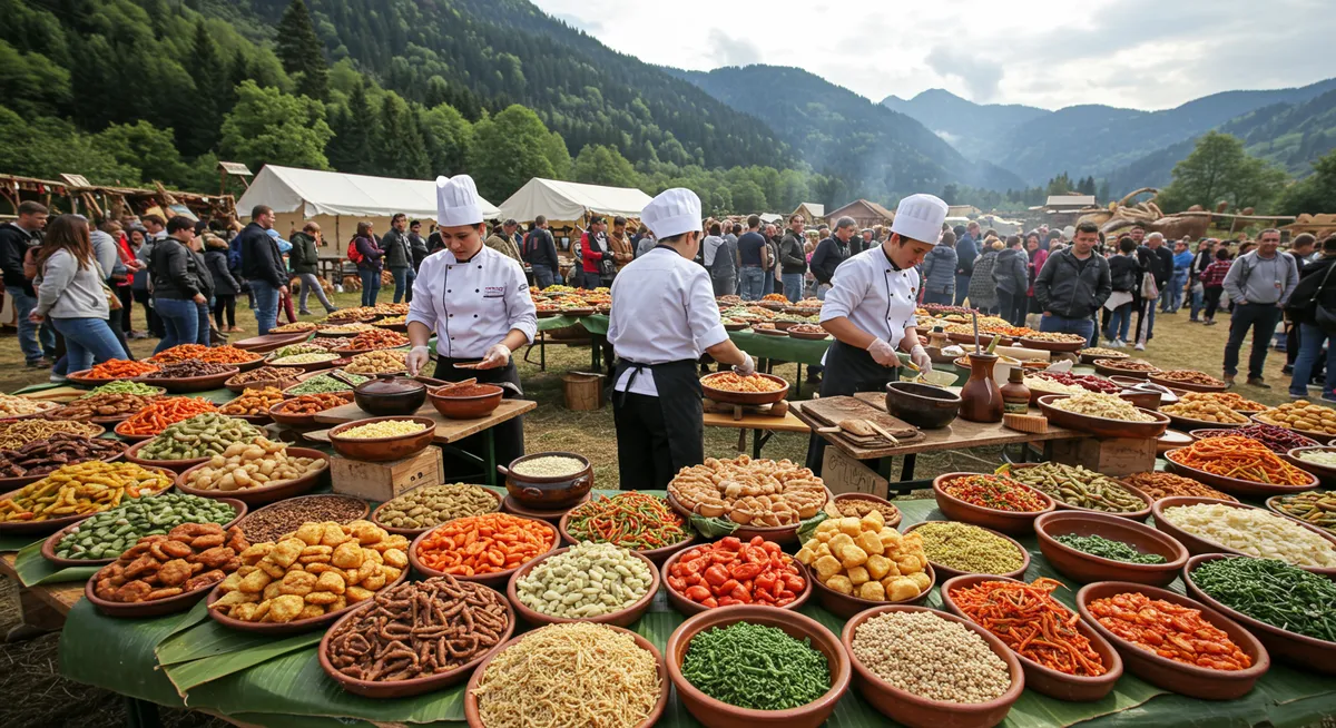 Traditional festival foods displayed at a cultural celebration with local cooks preparing dishes