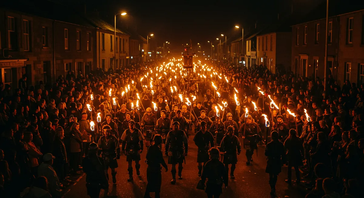 Torchlit procession during the Up Helly Aa festival in Scotland
