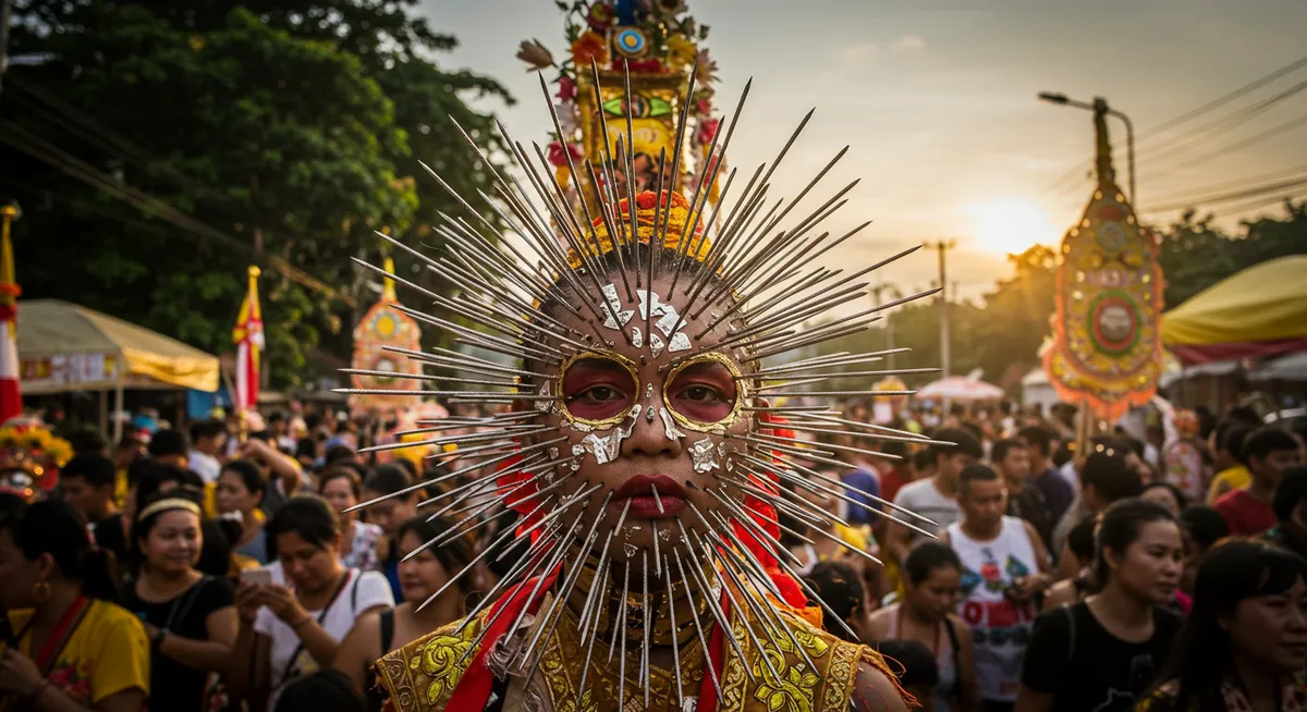 Devotee with multiple metal objects piercing face during Vegetarian Festival procession in Phuket