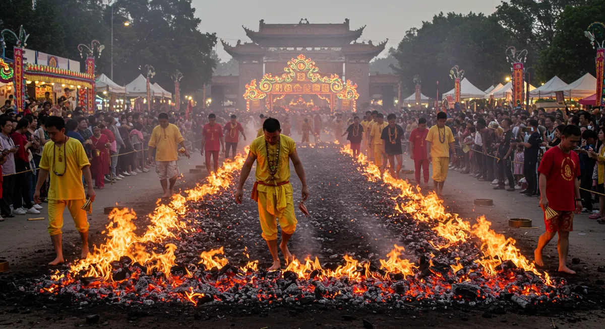 Fire walking ceremony during Vegetarian Festival with devotees walking across hot coals