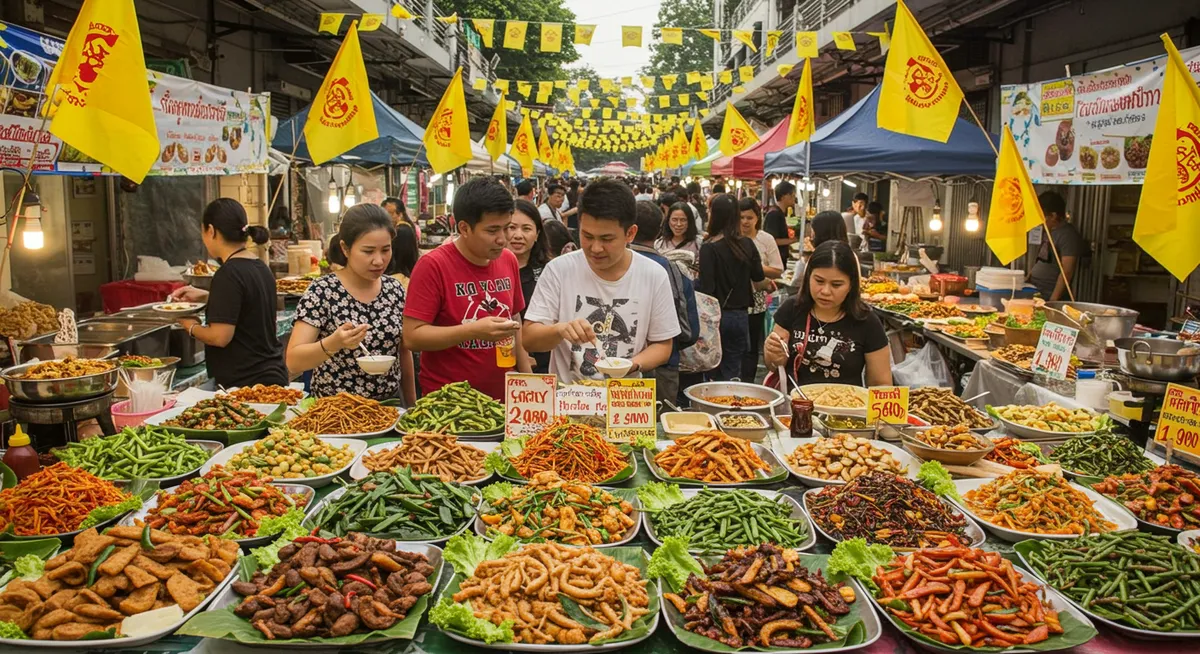 Vegetarian festival food market with yellow flags and diverse Thai-Chinese vegetarian dishes