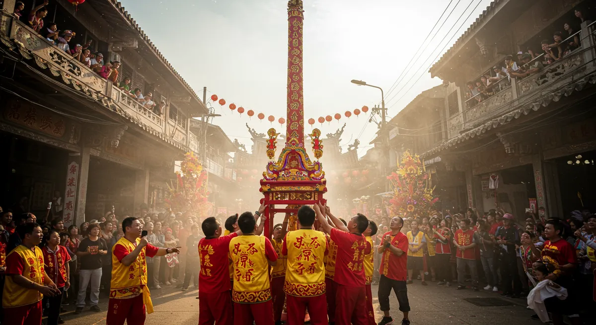 Shrine attendants raising the Go Teng lantern pole during opening ceremony of the Vegetarian Festival